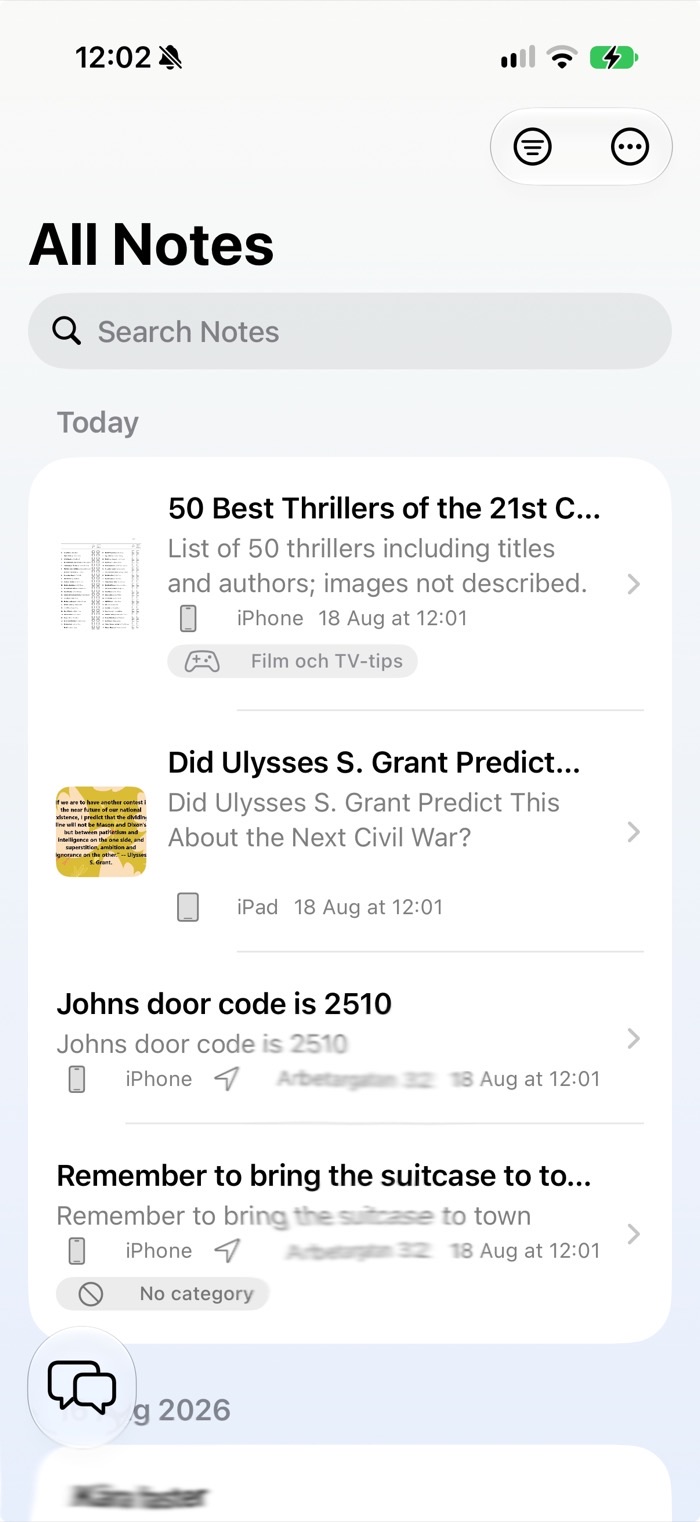 The All Notes list, with generated titles, summaries, capture device and category for each note.