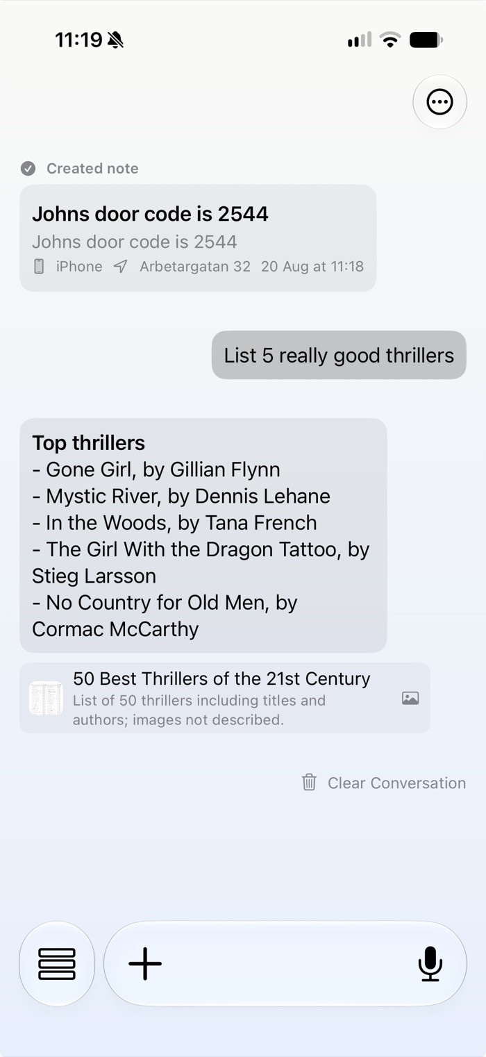 Mondary's chat answering the question “List 5 really good thrillers”, with the notes the answer was drawn from listed beneath it.